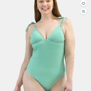 Time and Tru Green Gingham One Piece SwimsuitSize L (12-14) Tie Shoulder